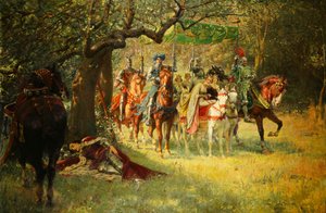 Cómo cuatro reinas encontraron a Sir Lancelot durmiendo de William Frank Calderon