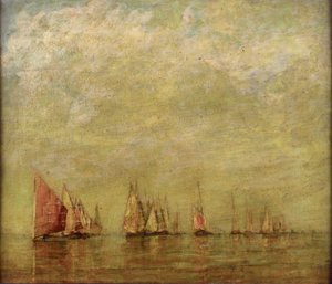Barcos venecianos reflejándose en el mar en calma. Óleo sobre madera de William Gedney Bunce