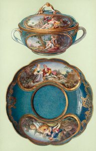 Ecuelle y Soporte, Sèvres, Azul Turquesa, con Paneles después de Boucher de William Gibb