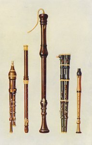 Instrumentos musicales: Dos flageolets dobles, una flauta alemana y dos flautas douces (litografía en color)