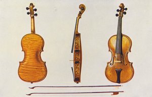 Instrumentos musicales: Violín, el Stradivarius de Hellier, y dos arcos antiguos que destacan por el estriado (litografía en color).