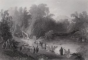 El río Jordán, lugar de baño griego (grabado) de William H. Bartlett