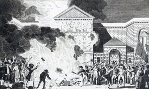 Las devastaciones ocasionadas por los alborotadores de Londres incendiando la nueva cárcel de Newgate y quemando los muebles del Sr. Akerman, 6 de junio de 1780, grabado por T. Thornton de William Hamilton