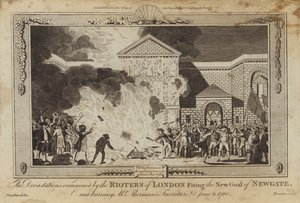 Las devastaciones ocasionadas por los alborotadores de Londres incendiando la nueva cárcel de Newgate de William Hamilton