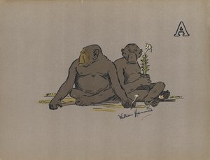 Letra A, Monos antropoides estéticos que adoptan actitudes anormalmente apáticas (litografía en color)