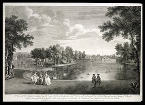 Vista del lago desde el paseo central en el jardín de West Wycombe, Buckinghamshire, grabado por William Woollett