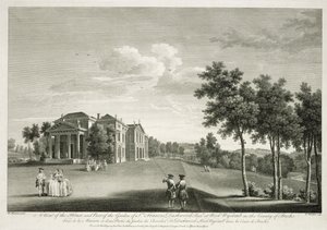 Vista de la casa y parte del jardín en West Wycombe, Buckinghamshire, grabado por William Woollett (1735-85) de William Hannan
