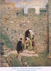 Arturo como bebé siendo entregado a Merlín, ilustración de 