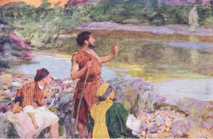 Juan mirando a Jesús mientras caminaba, dijo, he aquí el Cordero de Dios, de La Historia de la Biblia publicada por Hodder & Stoughton, c.1930