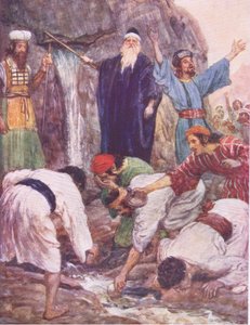 Moisés golpeando la roca, de La Historia de la Biblia publicada por Hodder & Stoughton, c.1930