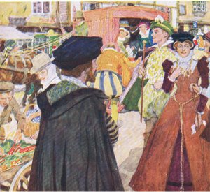 Shakespeare observa las modas tontas de los petimetres en Ludgate Hill, de My Magazine, pub.1922 de William Hatherell