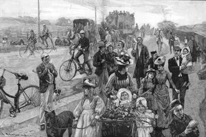 Escena callejera con muchas bicicletas de William Hatherell