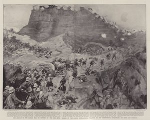 El asalto a la colina Dargai el 20 de octubre, el paso siendo tomado por los Gordon Highlanders, seguido por los Dorsetshires, Derbyshires, 3rd Sikhs y Gurkhas de William Hatherell