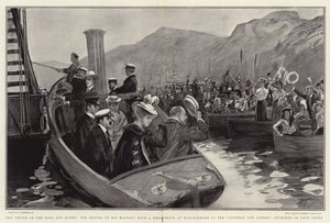 El crucero del rey y la reina, el regreso de Su Majestad de una cacería de ciervos en Kinlochmore al Victoria y Albert, anclado en Loch Leven de William Hatherell