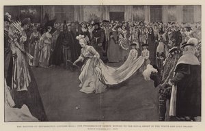 El baile de disfraces de la Duquesa de Devonshire, la procesión de invitados saludando al grupo real en el Salón Blanco y Dorado, 1897
