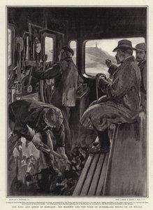 El rey y la reina en Escocia, Su Majestad y el duque de Sutherland montando en una locomotora de William Hatherell