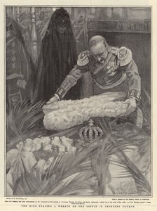 El rey colocando una corona en el ataúd en la iglesia de Cronberg de William Hatherell