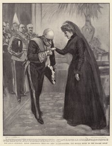 La Ascensión del Rey, la Reina Margherita recibiendo a Lord Mount-Edgcumbe, el Enviado Especial a la Corte Italiana de William Hatherell