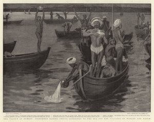 La plaga en Bombay, pescadores haciendo ofrendas votivas al mar frente a los pueblos de Worlee y Mahim de William Hatherell