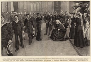 La Reina y los héroes de Benín, la tripulación del HMS St George en Osborne, Su Majestad interrogando a un marinero herido de William Hatherell