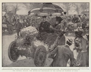 La temporada de la Riviera, la procesión de automóviles en la Batalla de las Flores en Niza