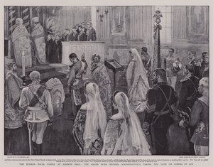 La Familia Real Rusa en Zarskoe Selo, el Gran Duque Michael Alexandrovitch prestando Juramento al Alcanzar la Mayoría de Edad de William Hatherell