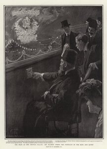 El Shah en el Palacio de Cristal, Su Majestad disparando a los retratos del Rey y la Reina de William Hatherell