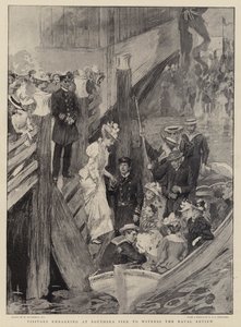 Visitantes embarcando en el muelle de Southsea para presenciar la revisión naval de William Hatherell