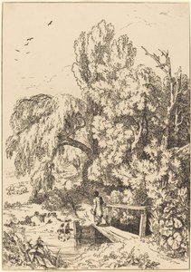 Paisaje con árboles, niña cruzando puente peatonal de William Havell