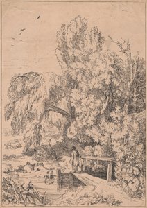 Paisaje con árboles, niñas cruzando la pasarela de William Havell