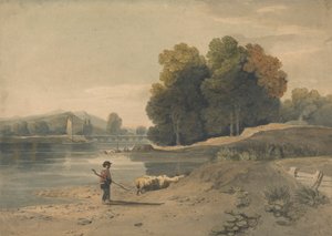 Escena fluvial con niño y oveja de William Havell