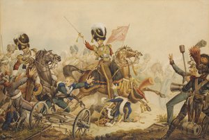 Guardias de Vida cargando contra la artillería francesa en la Batalla de Waterloo en 1815, 1820 de William Heath