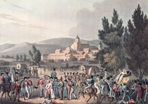 Batalla de Vitoria, 1813, trayendo a los prisioneros, grabado por I. Clarke, aguafuerte por M. DuBourg de William Heath