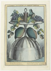 Coupe invertida con corcho, uvas y zarcillos en el pie y peras en el pie Un desierto - Imitación de la moda moderna (título sobre el objeto)