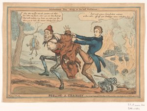 Spotprent de Sir Robert Peel Peeling a Charley / Michaelmas Day 1829 or the last Watchman (título sobre el objeto) de William Heath