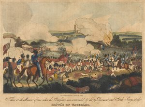 Tomado en el momento en que los coraceros fueron rodeados por el 79º Regimiento y los Greys escoceses en la Batalla de Waterloo, 18 de junio de 1815, grabado por Romney y publicado por Richard Evans, 1816 de William Heath
