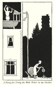 Una bomba para usar el agua del baño en el jardín (litografía) de William Heath Robinson