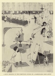 Una mañana ocupada en el suntuoso estudio de un artista de peluquería de moda de William Heath Robinson