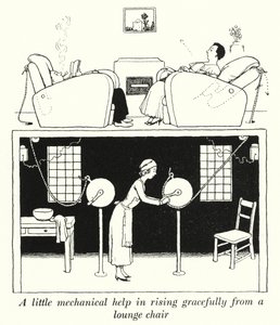 Un poco de ayuda mecánica para levantarse graciosamente de una silla de salón de William Heath Robinson