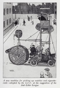 Una nueva máquina para recoger fósforos y colillas adoptada por el LCC a sugerencia de la Liga Anti-Basura de William Heath Robinson