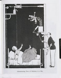 Administrando una dosis de medicina a un niño, ilustración de 