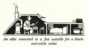 Un ático convertido en un apartamento adecuado para un artista en blanco y negro de William Heath Robinson
