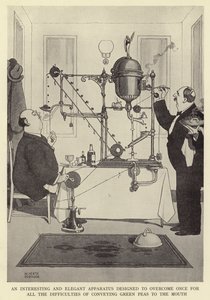 Un aparato interesante y elegante diseñado para superar de una vez por todas las dificultades de llevar guisantes verdes a la boca de William Heath Robinson