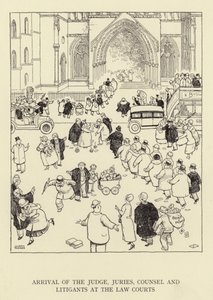 Llegada del juez, jurados, abogados y litigantes a los tribunales de William Heath Robinson