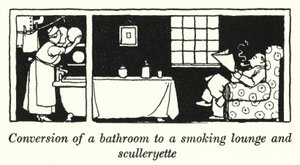 Conversión de un baño en un salón de fumar y una pequeña cocina de William Heath Robinson