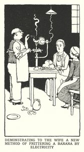 Demostrando a la esposa un nuevo método de freír un plátano con electricidad de William Heath Robinson