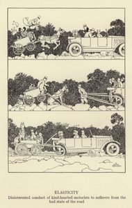Elasticidad, conducta desinteresada de automovilistas de buen corazón hacia los afectados por el mal estado de la carretera de William Heath Robinson