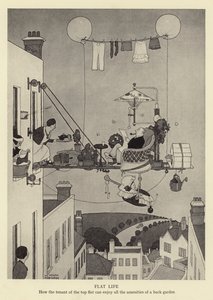 Vida en un piso, cómo el inquilino del último piso puede disfrutar de todas las comodidades de un jardín trasero de William Heath Robinson