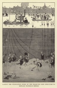 Colocación de la primera piedra de la nueva estructura proyectada para reemplazar el Puente de Waterloo de William Heath Robinson