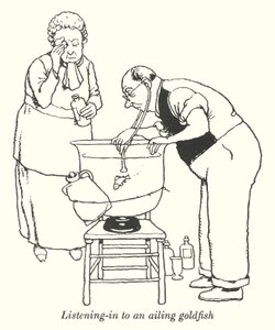 Escuchando a un pez dorado enfermo (litografía) de William Heath Robinson